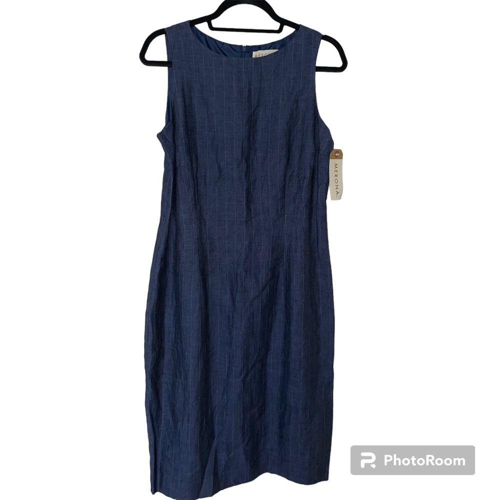 Merona 100% Linen Midi Dress Lined Leg Slit Navy Blue Striped Dress Sz 14 NWT